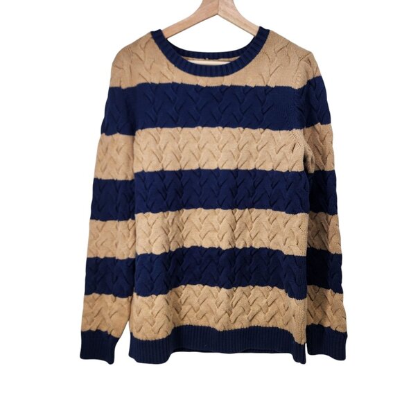 Lands End Drifter Sweater L‎ 14-16 Blue & Beige Cotton Cable Knit - Picture 1 of 6